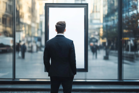 Businessman looking at the window of a modern office building. Business conceptの素材