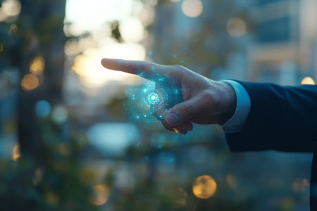 Businessman hand touching digital hologram with light bokeh backgroundの写真素材