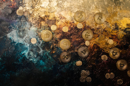 Golden bitcoin coins on grunge background. Cryptocurrency concept.の写真素材