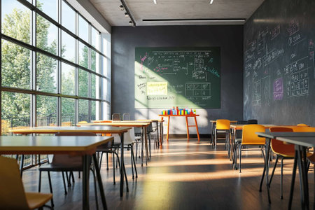 Interior of a school classroom with blackboard and yellow chairs. 3d renderingの写真素材