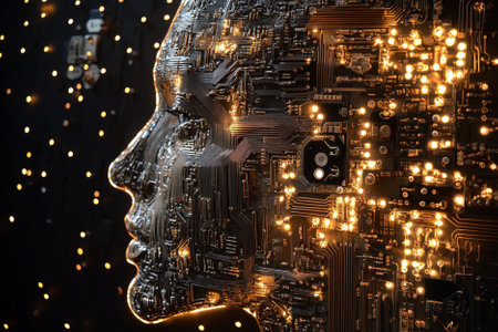 Close up of electronic circuit board with human head. Technology background.の写真素材