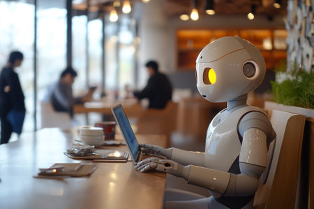 Robot working with laptop in coffee shop, artificial intelligence concept.の写真素材