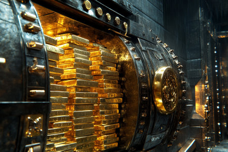 Bank vault with gold coins, close-up. Concept of wealthの写真素材