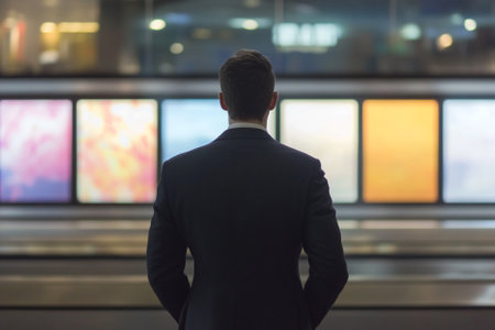 Back view of a businessman standing in front of the information board at the airportの写真素材