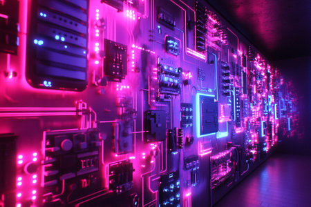 Futuristic server room with neon lights. 3D rendering.の写真素材