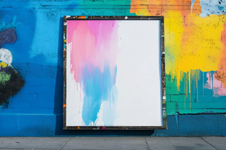 Big blank billboard on the wall with colorful graffitiの素材