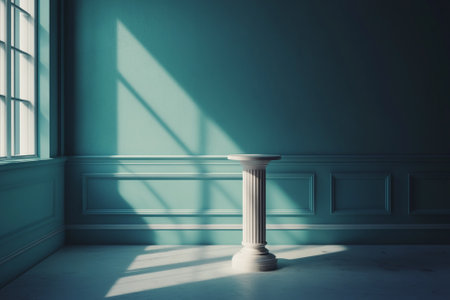 A white pedestal in a room with blue walls and sunlight coming through the window.の写真素材