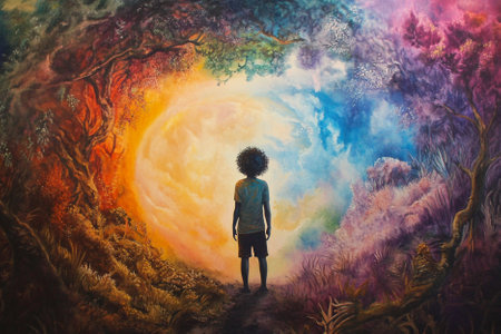 African american child with afro hair in a surreal landscape.の素材