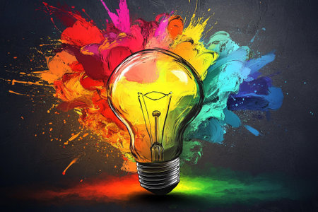Colorful light bulb on abstract colorful splashes background. 3D renderingの素材