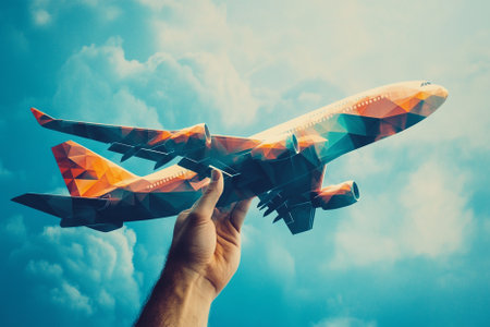Man's hand holding a model of a passenger plane in the skyの写真素材