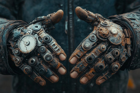 Close-up of an old rusty robot's hands with gears.の写真素材