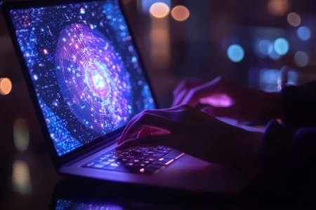 Hands typing on laptop keyboard with abstract glowing hologram. Technology and network concept.の写真素材