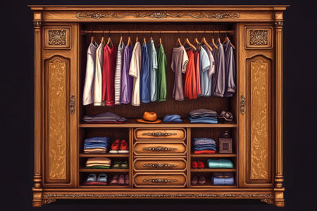 Closet with different clothes on a black background. 3d renderingの写真素材