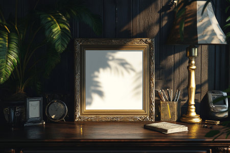 Blank picture frame on vintage wooden table. 3D Renderingの素材