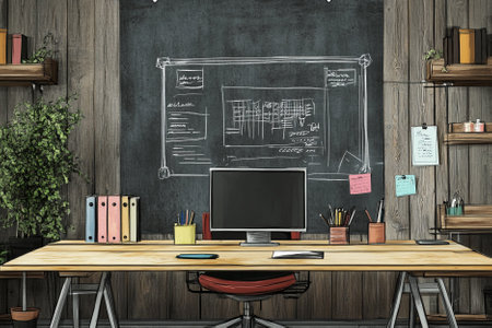 Front view of a modern wooden office interior with a blackboard, a computer and other items. 3d rendering mock upの素材
