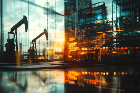 Construction site with cranes and building silhouettes. Blurred backgroundの素材