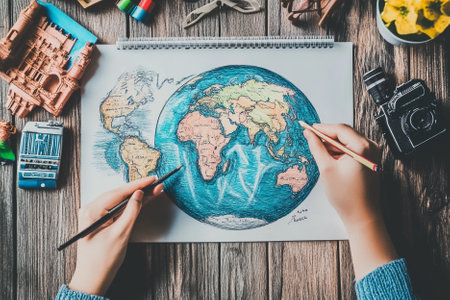 World map with children's hands on wooden background. Top view.の素材
