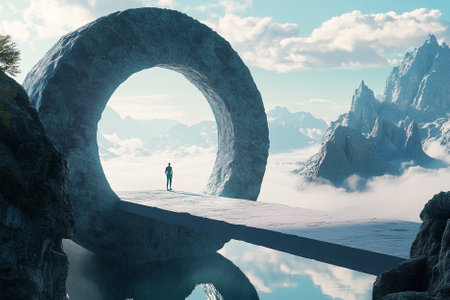 Surreal landscape with a man standing on the edge of a cliffの写真素材