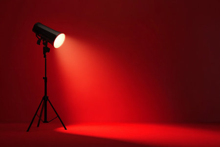 Studio lighting equipment on red background, 3d rendering. Computer digital drawing.の写真素材