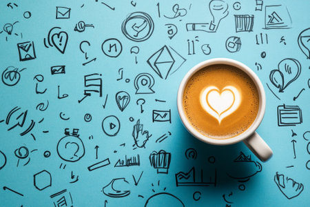 Cup of coffee with latte art on blue background with business sketchesの素材