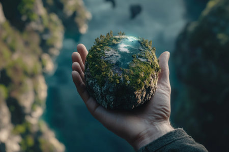 Hands holding a globe with the image of the planet Earth in the background.の素材