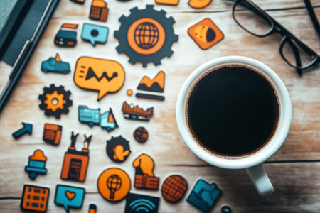 Coffee cup and set of media icons on wooden background.の写真素材