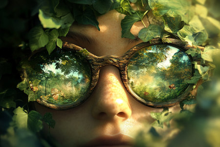 Close up of a beautiful young woman's face in sunglasses with green leavesの素材