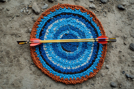 Handmade crocheted archery target with arrow on the groundの写真素材