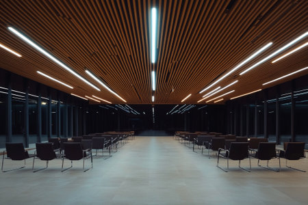 Interior of modern office building with rows of chairs and ceiling lightsの写真素材