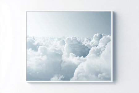 Blank picture frame on white wall with clouds. 3d renderingの素材