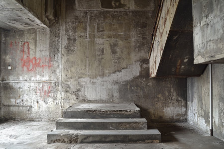 Interior of an old abandoned factory building with concrete stairs and graffitiの写真素材