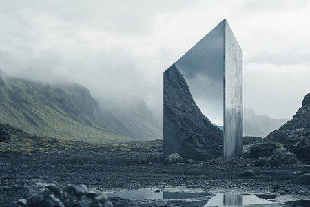 Conceptual image with abstract stone door on the mountain. 3d renderingの写真素材