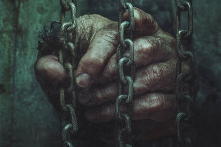 Hands of an old man locked up in a metal chain.の写真素材