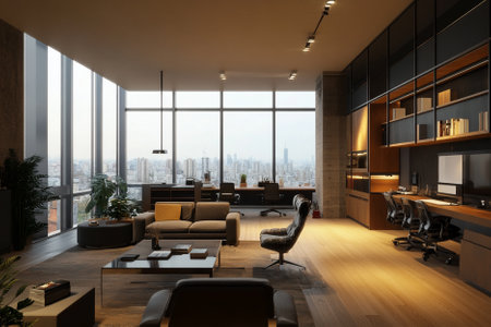 Interior of a modern office with a panoramic city viewの写真素材