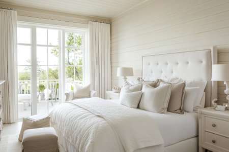 Luxury bedroom interior with white linens on the bed in a classic styleの素材