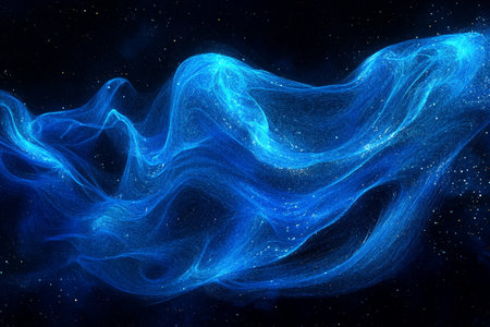 Abstract blue glowing particles wave, computer generated abstract background, 3D renderingの写真素材