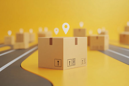 Cardboard box with location pin on the road. 3d renderingの写真素材