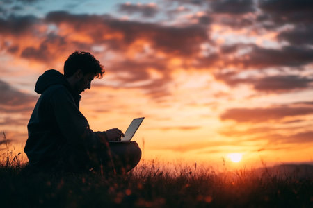 Young man sitting on the grass and working on his laptop at sunsetの写真素材