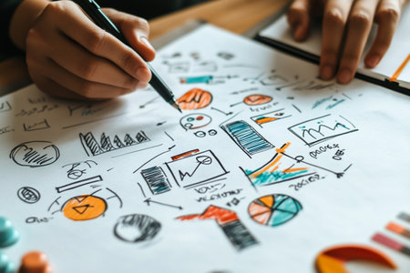 Close-up image of a female hand drawing a business plan on paperの写真素材
