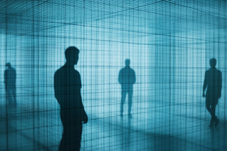 Business people silhouettes on abstract blue background. 3D Renderingの写真素材