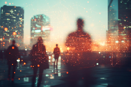 Double exposure of people walking in the city. Business and technology concept.の写真素材