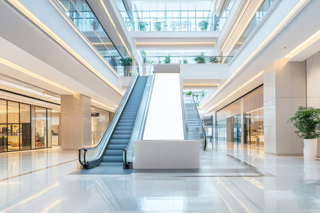 Interior of modern shopping mall with escalator and blank billboard.の写真素材