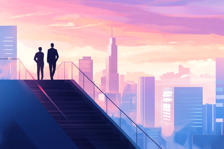 Businessman standing on stairs leading to city at sunset. Success conceptの写真素材