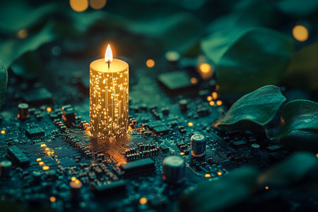 Electronic circuit board with burning candle and green leaves, closeupの写真素材