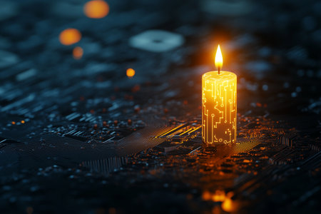 Burning candle on a computer circuit board close-up. Selective focus.の写真素材