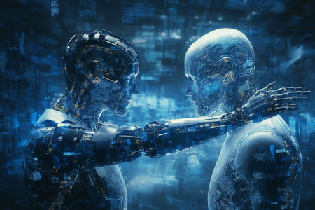 Cyborgs interacting with each other in cyberspace 3D renderingの写真素材