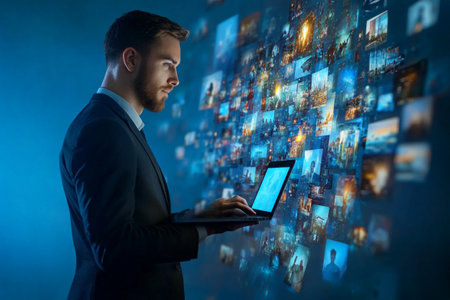 businessman with laptop and images streaming from the screen on blue backgroundの写真素材