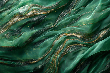 Texture, background, pattern. The fabric is dark green with gold sequins. It is photographed in the studioの写真素材