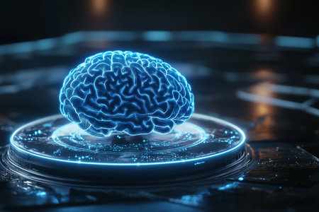 3d rendering of artificial intelligence concept with glowing human brain hologramの写真素材
