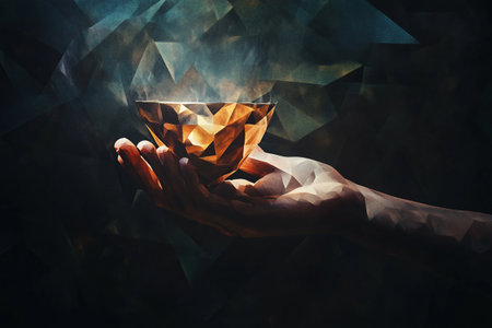 Man's hand holding a crystal bowl on a dark background with colorful trianglesの写真素材
